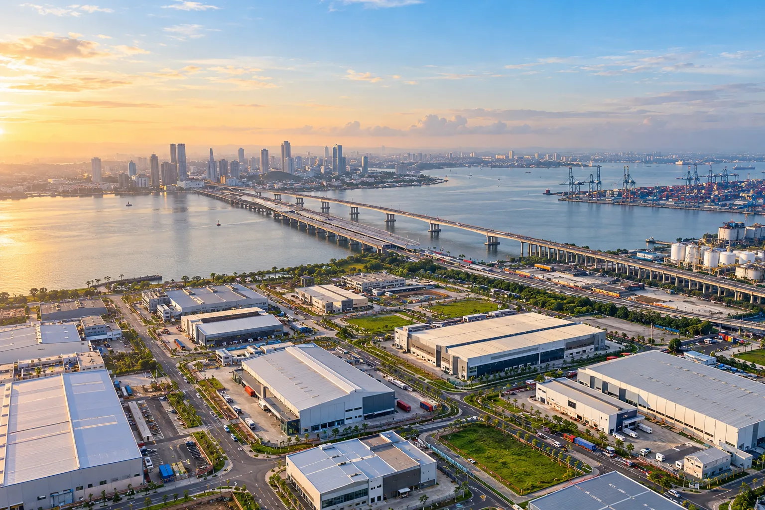 Aerial view of an industrial park in Johor beside the strait, with a bridge and rail line crossing to Singapore and a container port in the distance