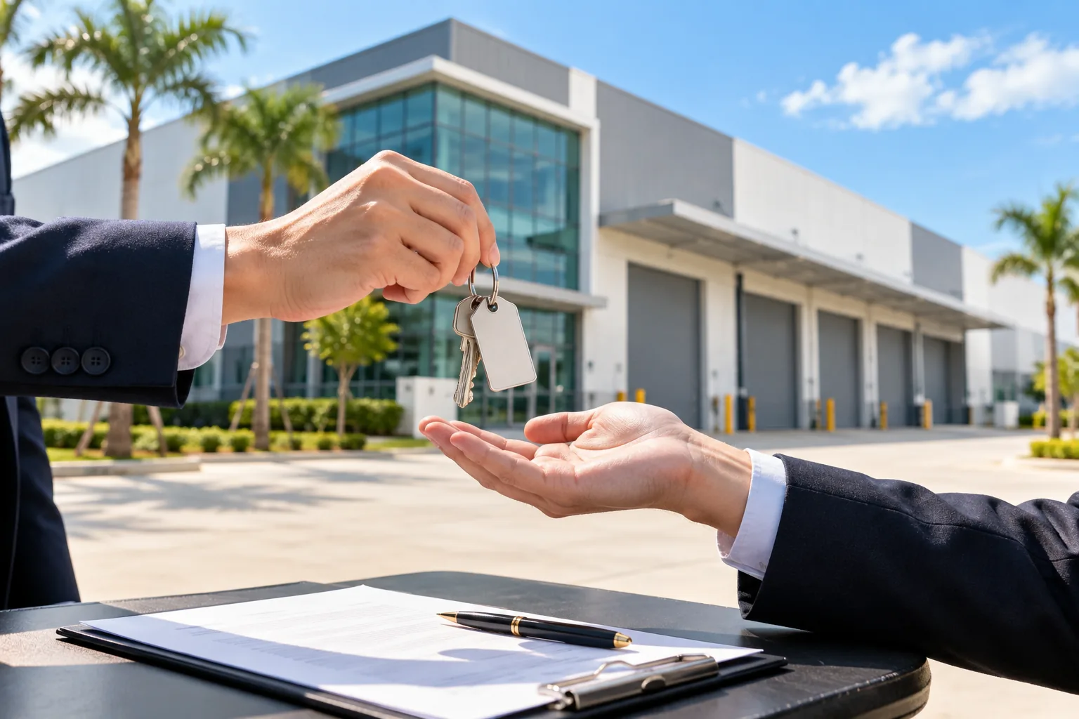 Keys handed over to the buyer in front of a new factory in Johor after signing the sale and purchase agreement