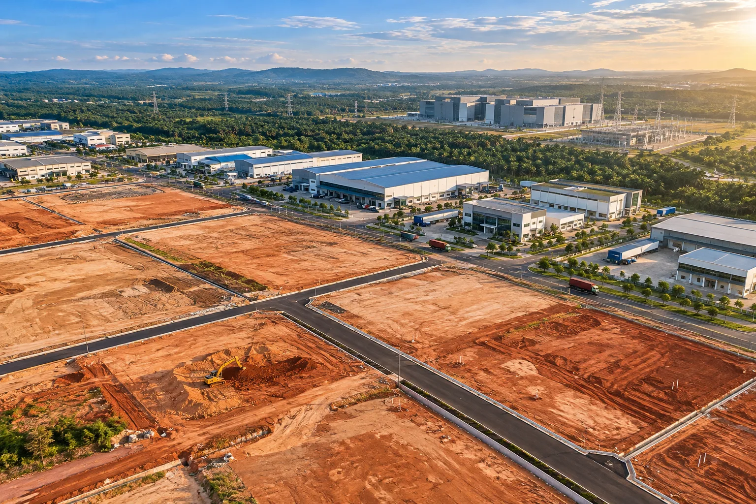 Aerial view of cleared industrial land plots for sale in Johor, with factories and a data centre campus in the background
