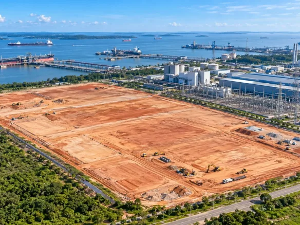Aerial view of cleared freehold data centre land for sale in Tanjung Langsat, Johor, next to the port