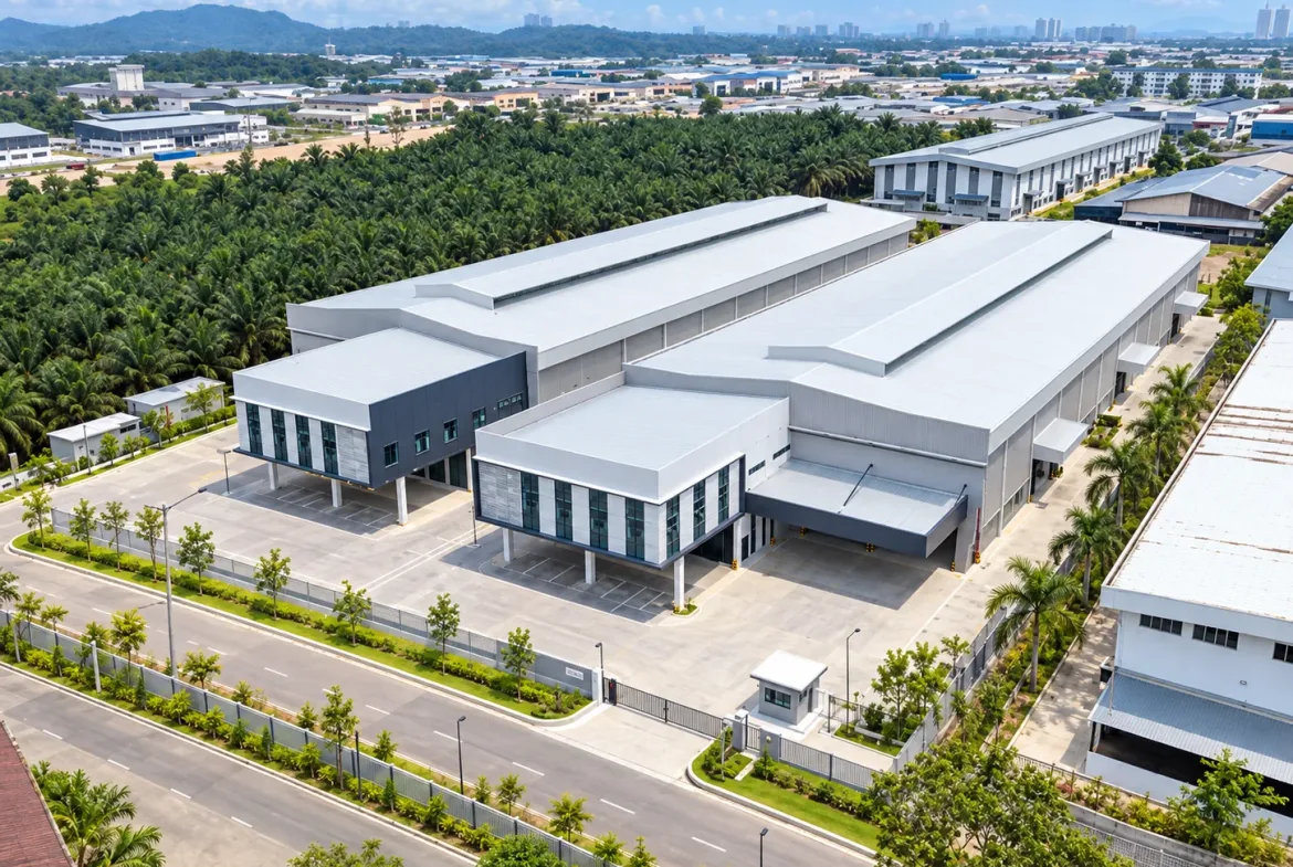 Aerial view of two detached factory buildings for sale in Desa Cemerlang, Johor