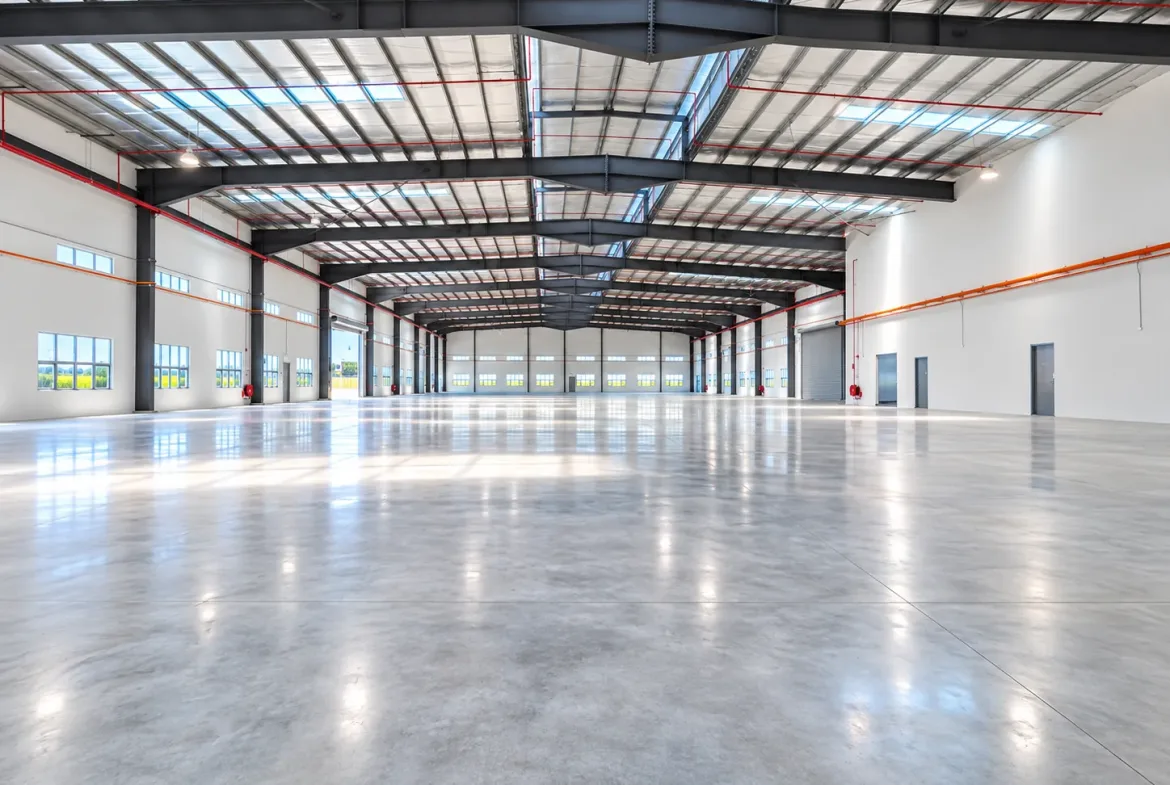 Detached factory for sale in Desa Cemerlang – high ceiling and open production space