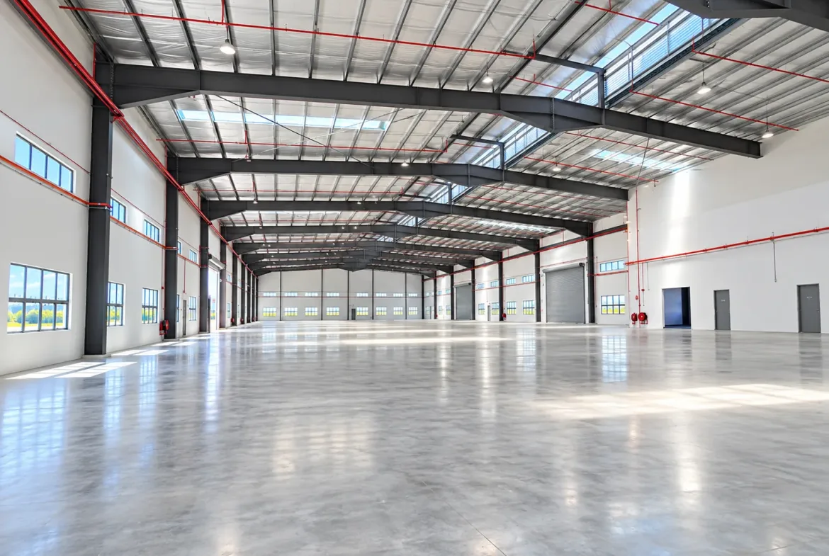 Detached factory for sale in Desa Cemerlang – production floor with steel roof structure