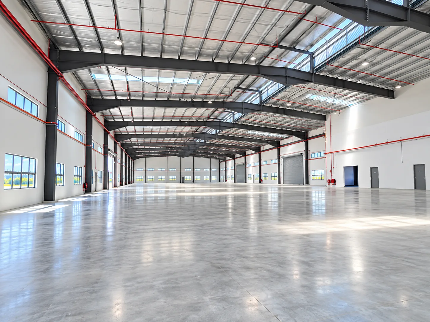 Detached factory for sale in Desa Cemerlang – production floor with steel roof structure