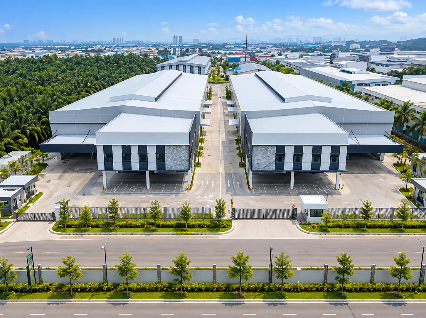 Two adjoining detached factory buildings for sale in Desa Cemerlang, Johor – front view