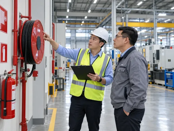 A safety inspector with a clipboard checking the fire hose reel and extinguisher with a factory manager