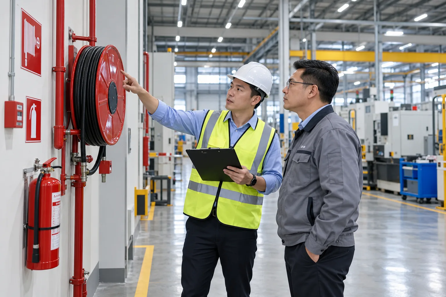 A safety inspector with a clipboard checking the fire hose reel and extinguisher with a factory manager