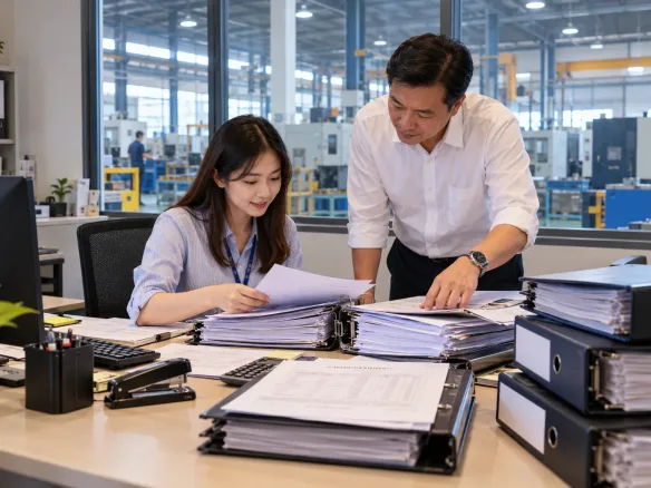 A business owner and his assistant preparing company files and accounts for a factory loan application