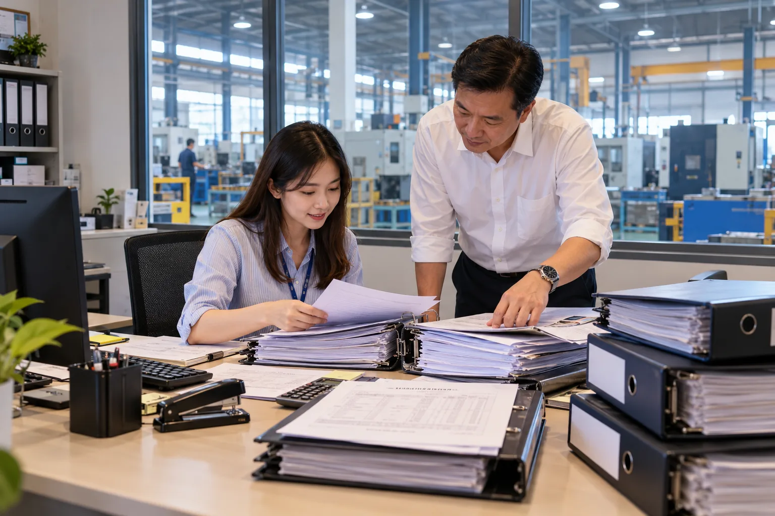 A business owner and his assistant preparing company files and accounts for a factory loan application