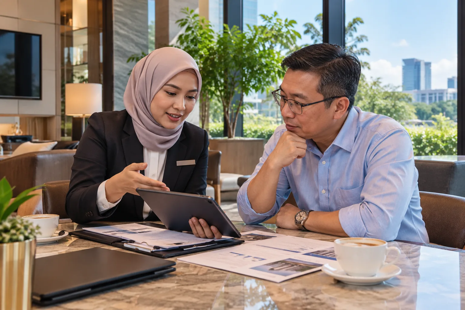 A bank manager explaining a factory loan on a tablet to a business owner in a bank meeting room