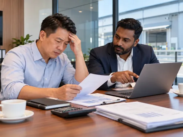 A business owner reading a loan letter while an adviser points out next steps on a laptop