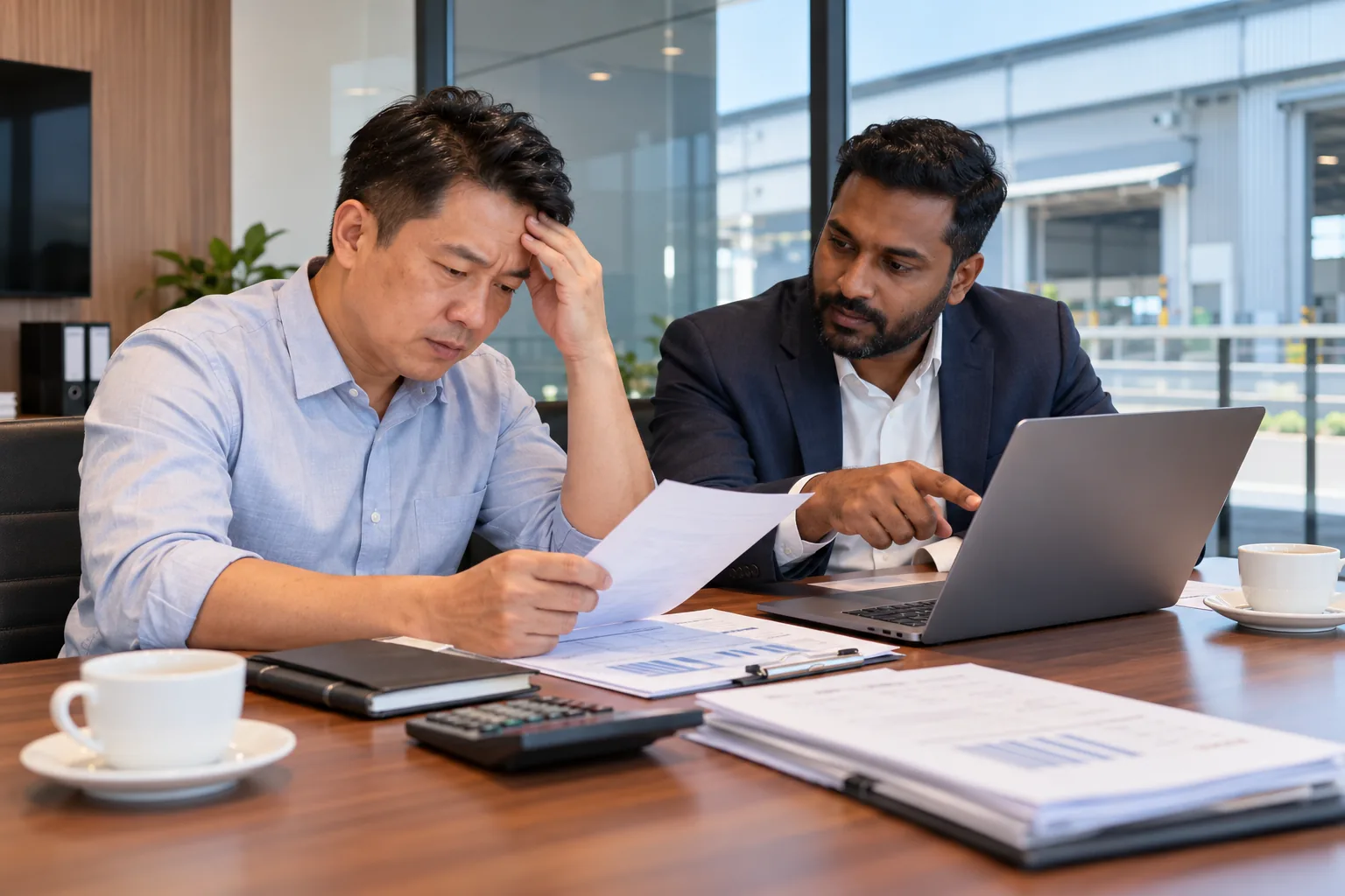 A business owner reading a loan letter while an adviser points out next steps on a laptop