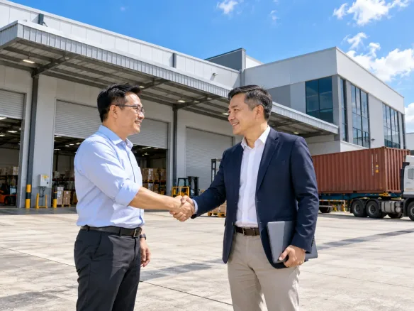 A factory owner and an investor shaking hands outside a factory loading bay with a container truck