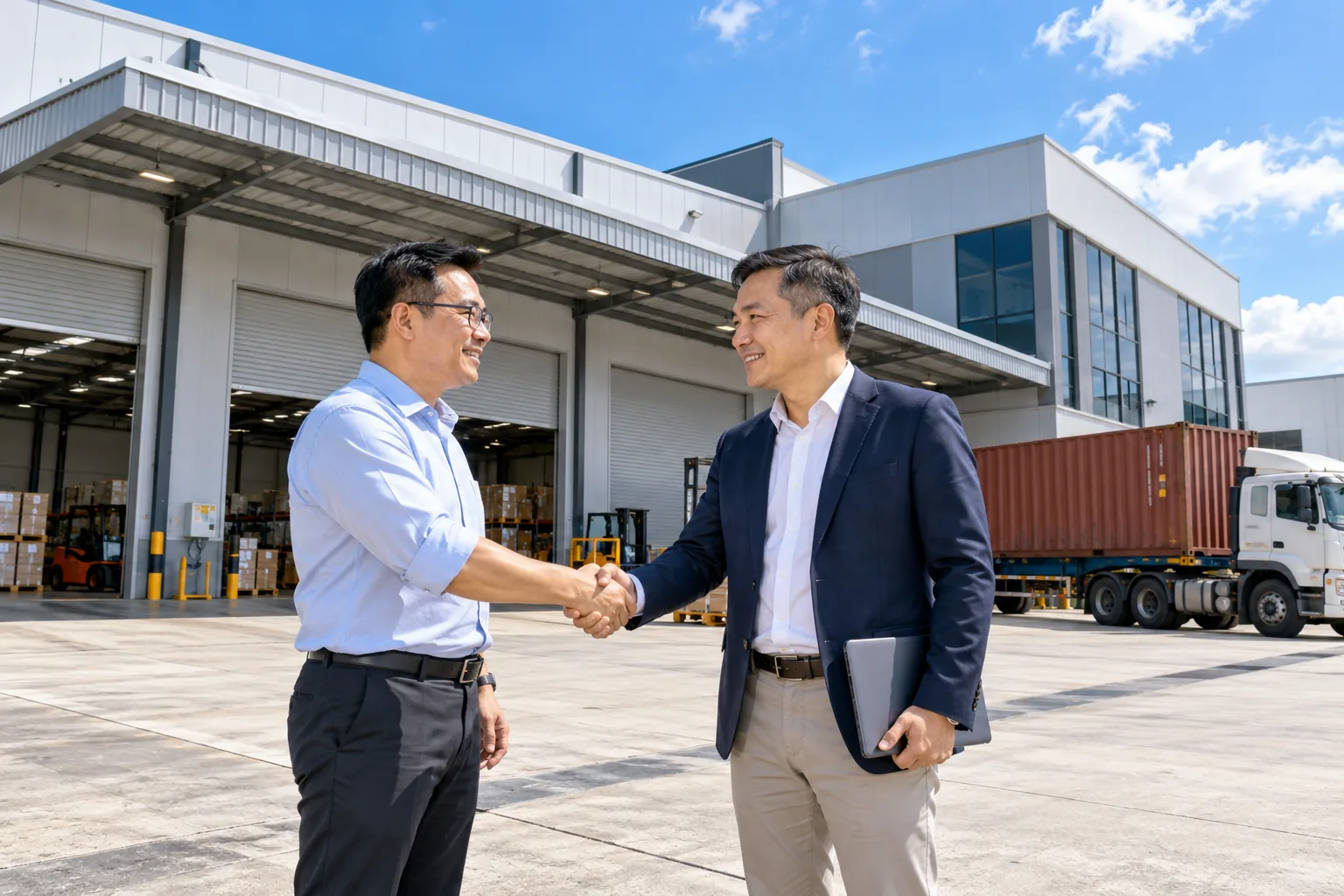 A factory owner and an investor shaking hands outside a factory loading bay with a container truck