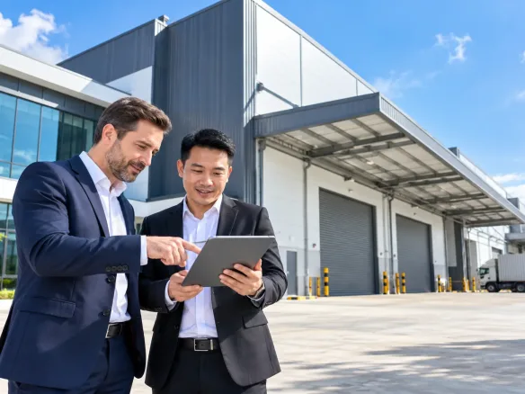A foreign investor and a local agent looking at a tablet in front of a new detached factory in Johor