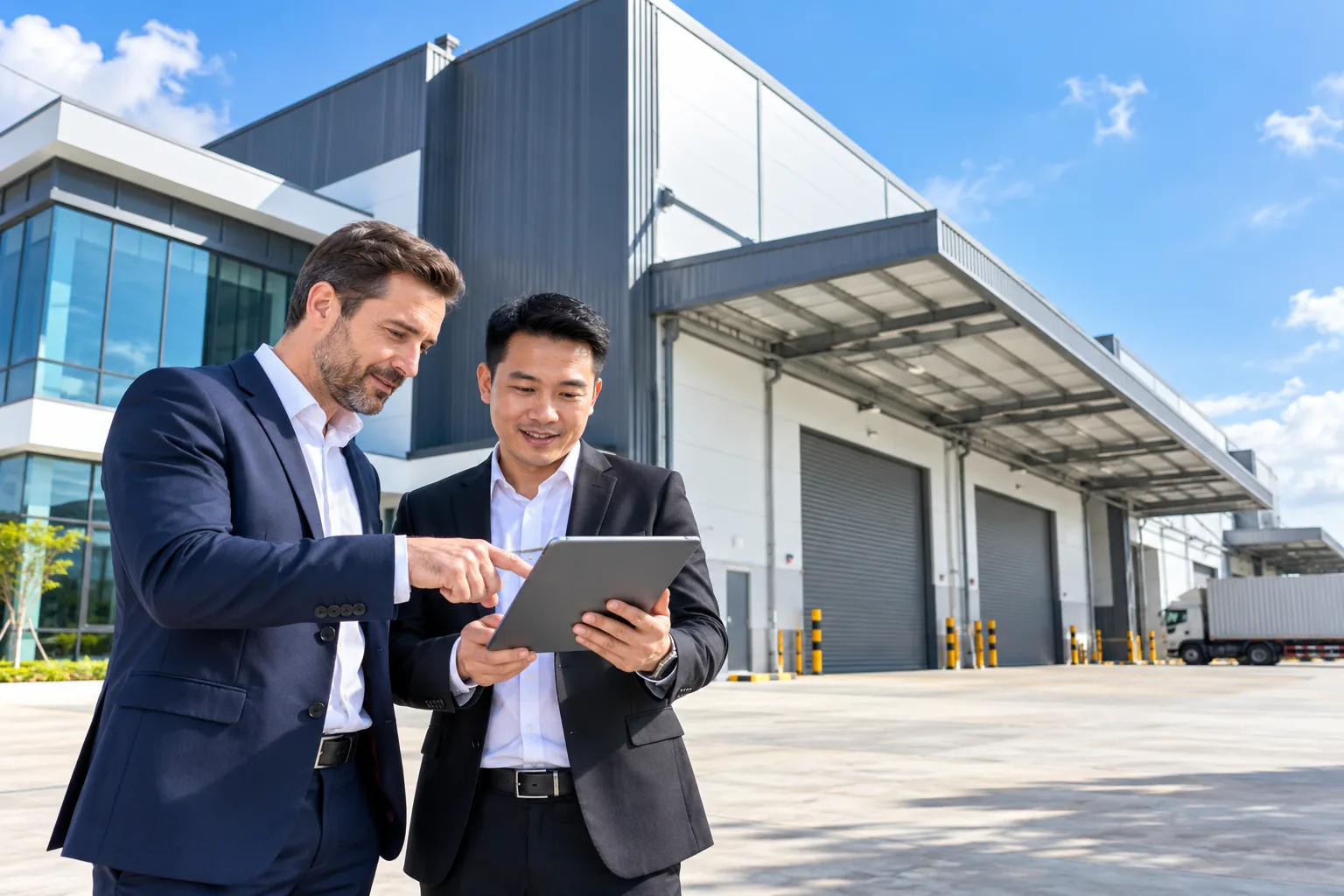 A foreign investor and a local agent looking at a tablet in front of a new detached factory in Johor