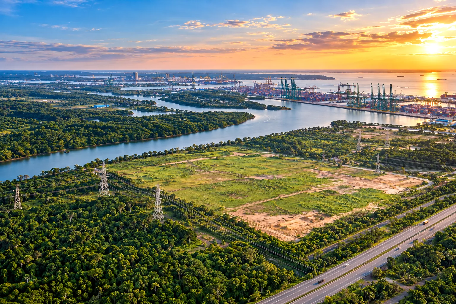 Aerial view of industrial and data centre land for sale near Port of Tanjung Pelepas, Johor