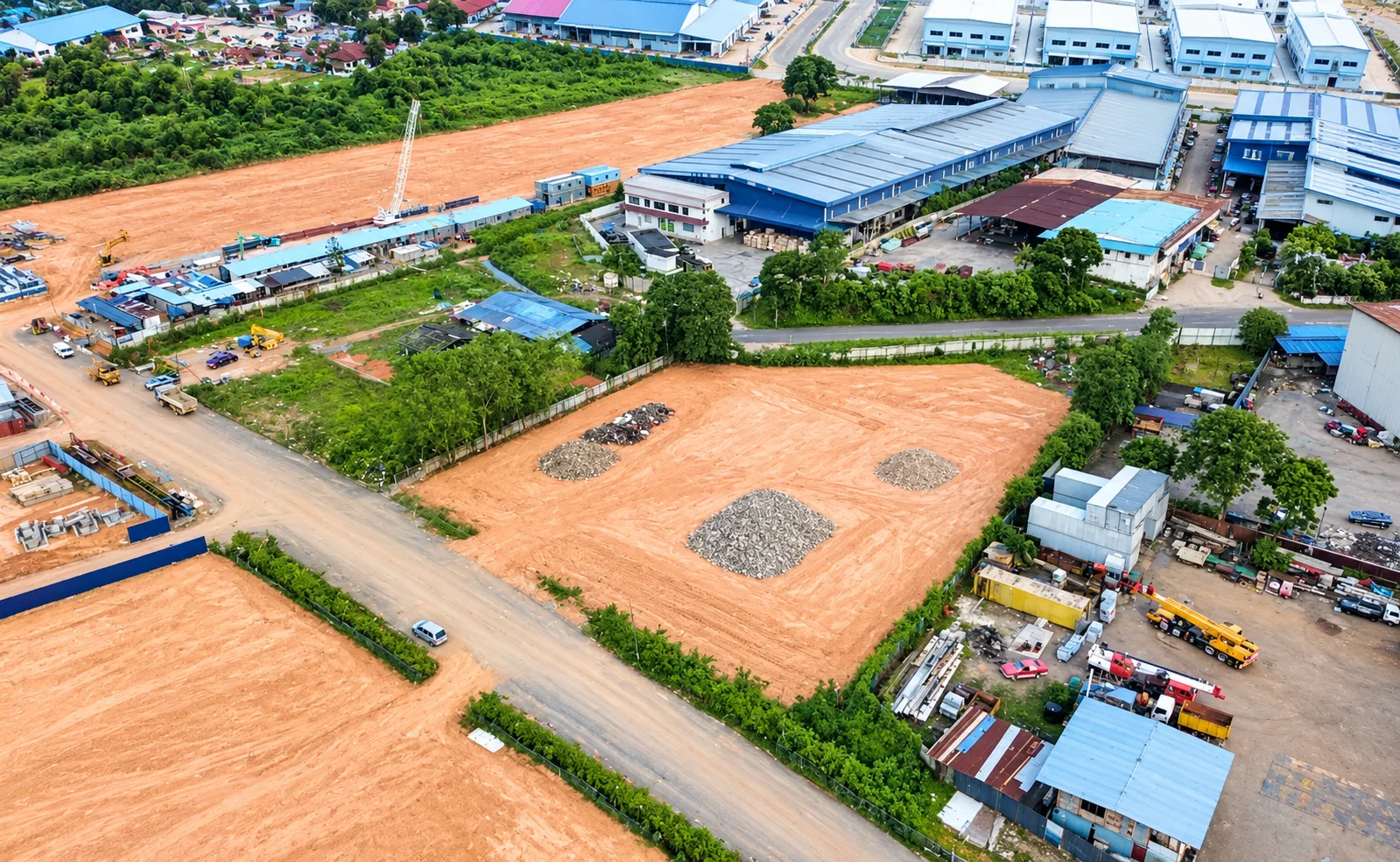Aerial view of the cleared, flat industrial land for sale in Impian Emas, Johor Bahru