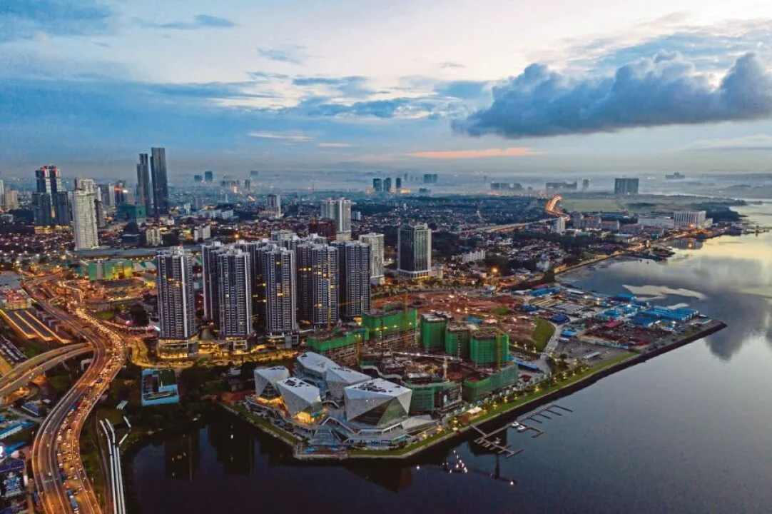 Aerial view of Johor Bahru city and waterfront