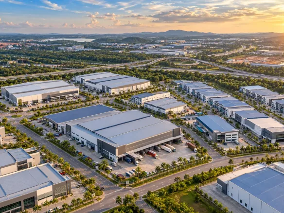 Aerial view of an industrial park in Johor with detached and semi-detached factories, loading bays and a highway interchange