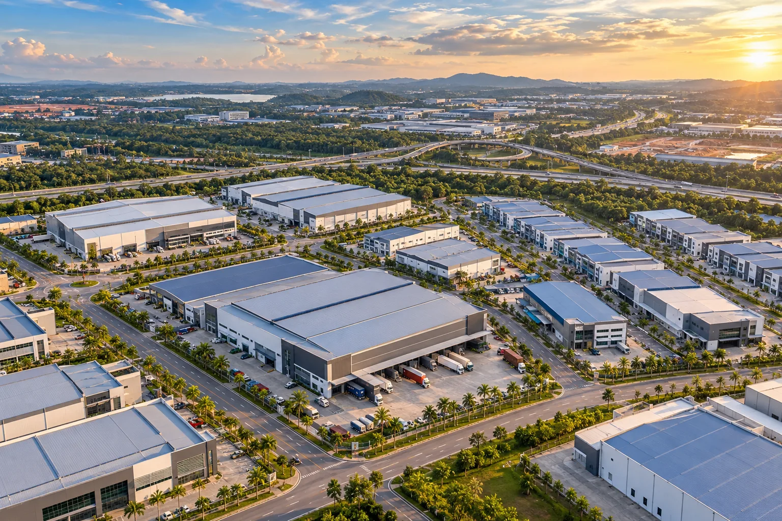 Aerial view of an industrial park in Johor with detached and semi-detached factories, loading bays and a highway interchange