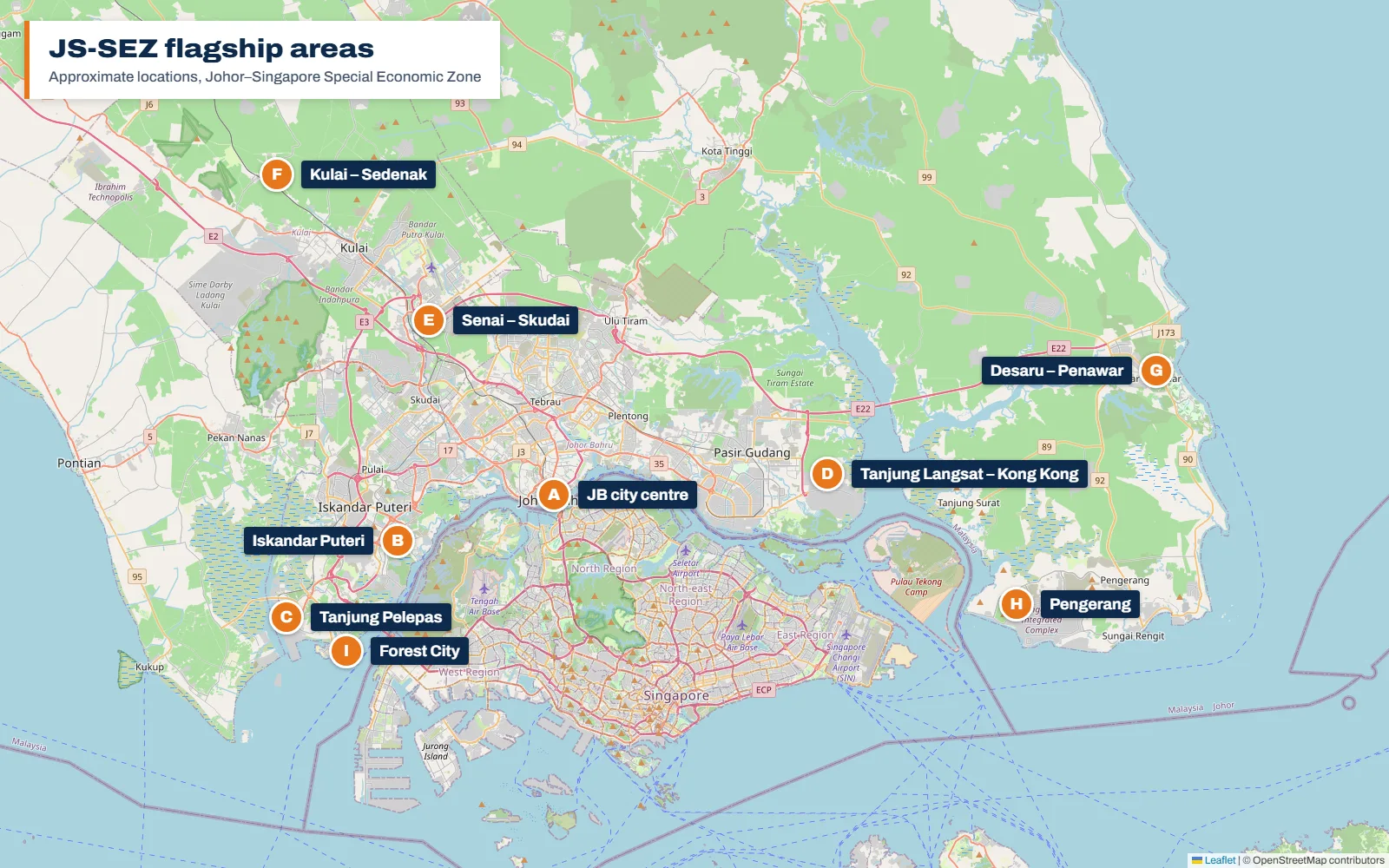 JS-SEZ Guide: Incentives, Tax, Map and Flagship Areas Map of the nine JS-SEZ flagship areas in Johor, from Kulai – Sedenak in the north to Pengerang in the east and Forest City in the south-west