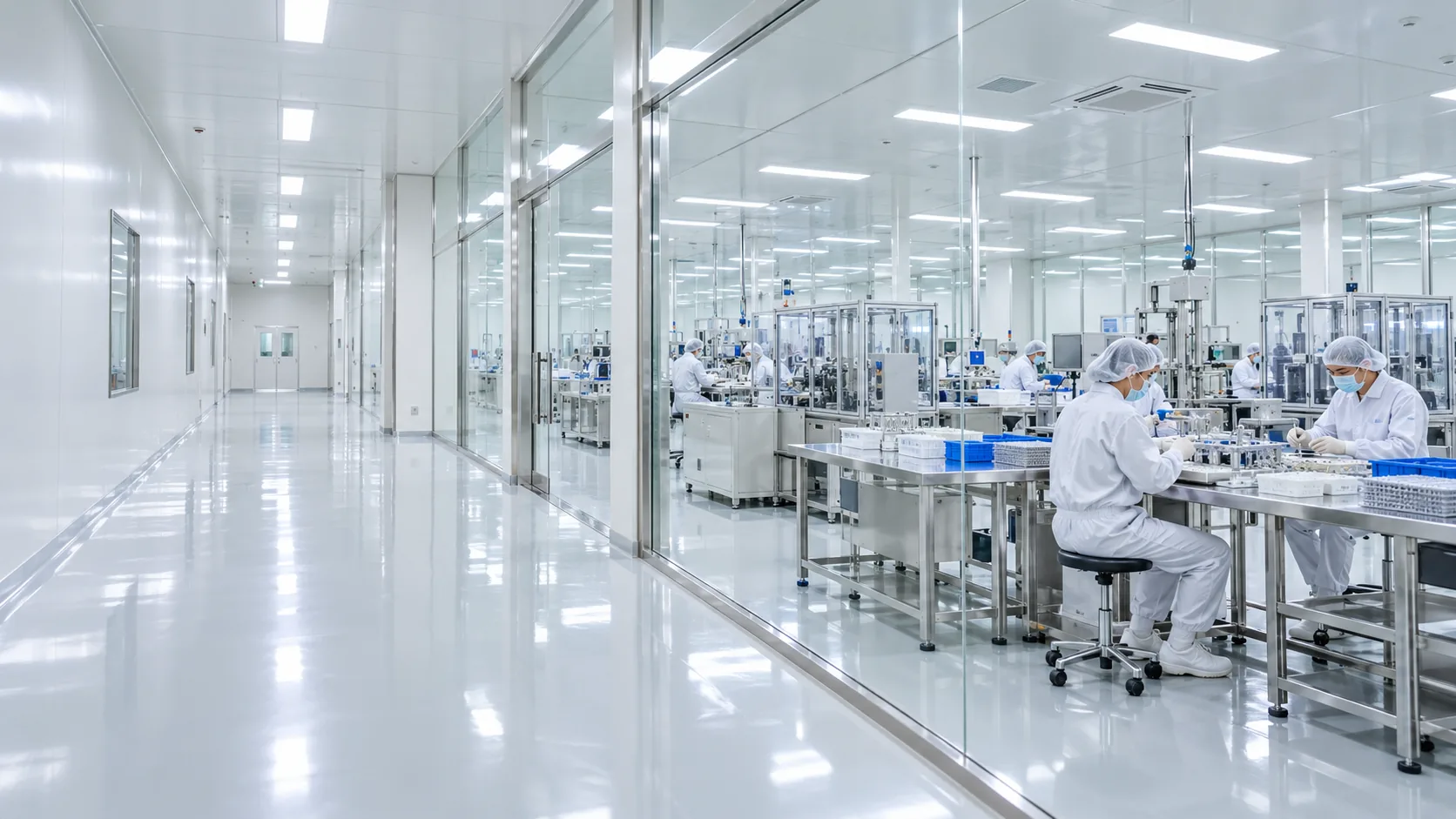Workers in cleanroom suits assembling medical devices in a cleanroom factory