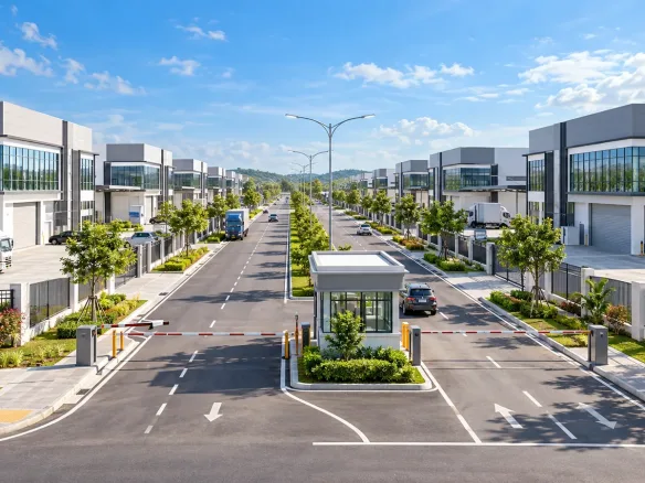 Entrance and main road of a new gated industrial park in Kulai, Johor