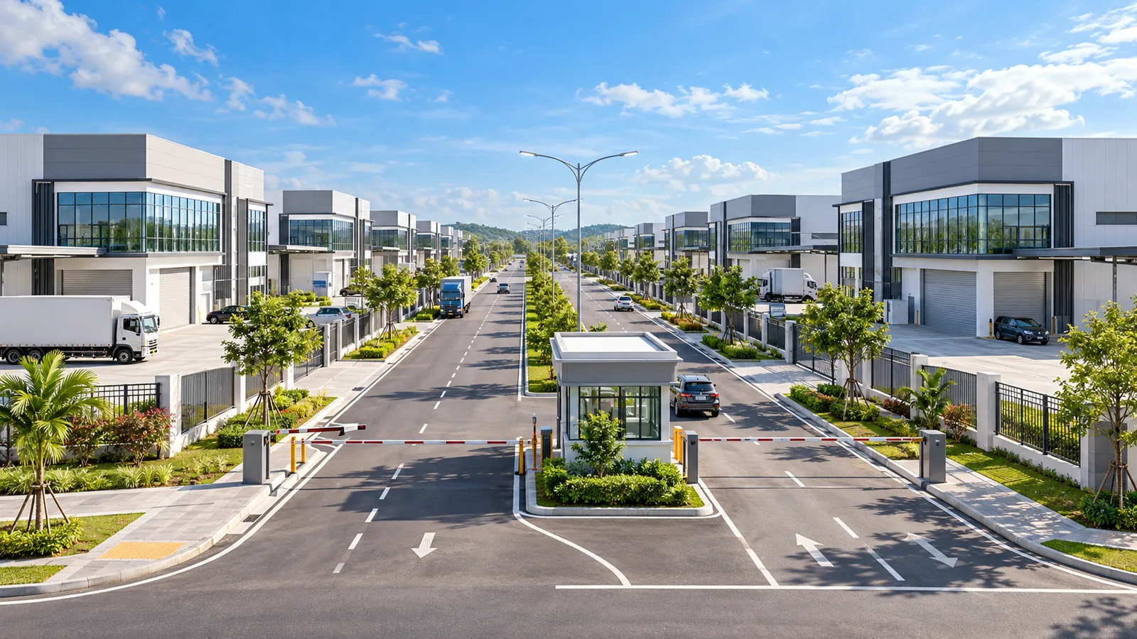 Entrance and main road of a new gated industrial park in Kulai, Johor