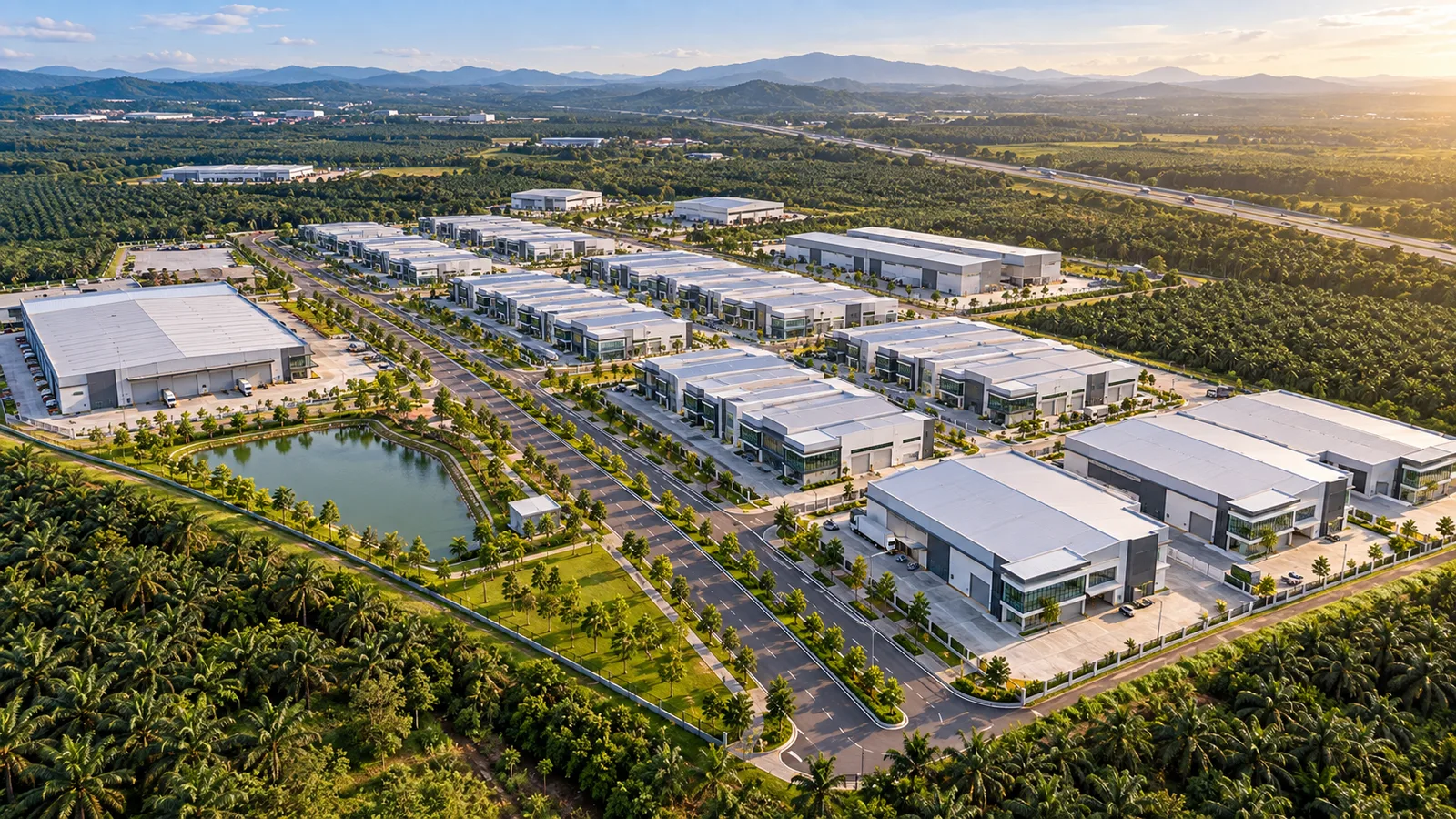 Aerial view of a new freehold industrial park in Kulai, Johor