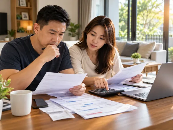 A couple checking rental income, bills and tax figures with a calculator at home