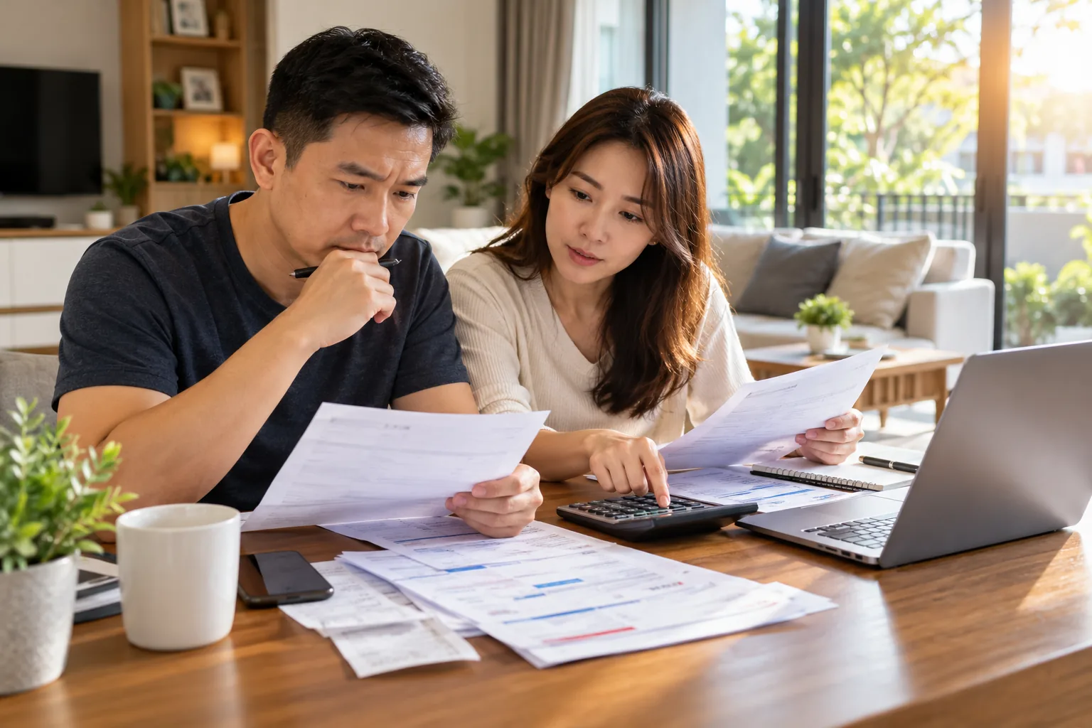 A couple checking rental income, bills and tax figures with a calculator at home