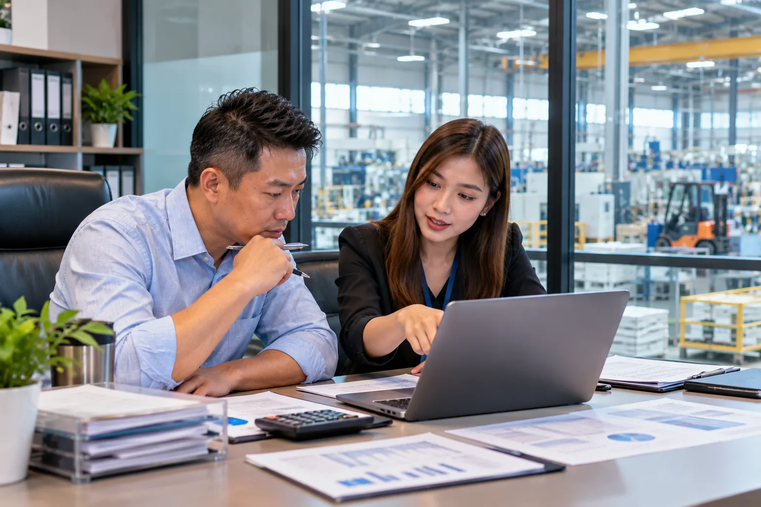 A factory owner and an accountant reviewing figures on a laptop in an office overlooking the production floor