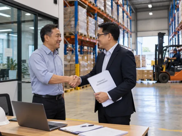 A landlord and a tenant shaking hands over a tenancy agreement in a warehouse office with racking and a forklift
