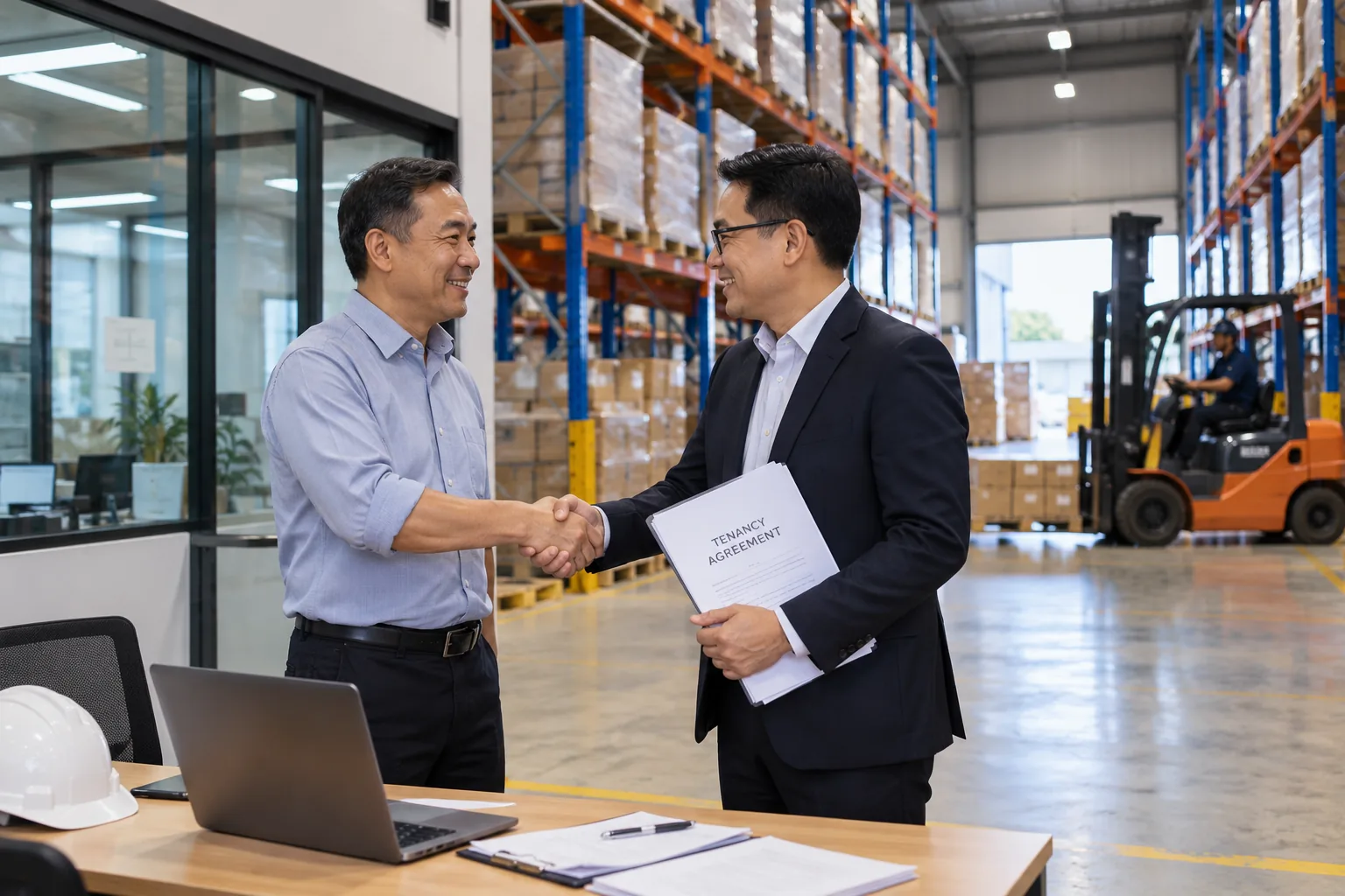A landlord and a tenant shaking hands over a tenancy agreement in a warehouse office with racking and a forklift
