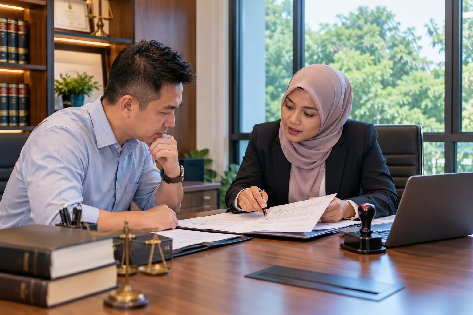 A business owner and a lawyer reviewing factory purchase documents and stamp duty at a law office desk