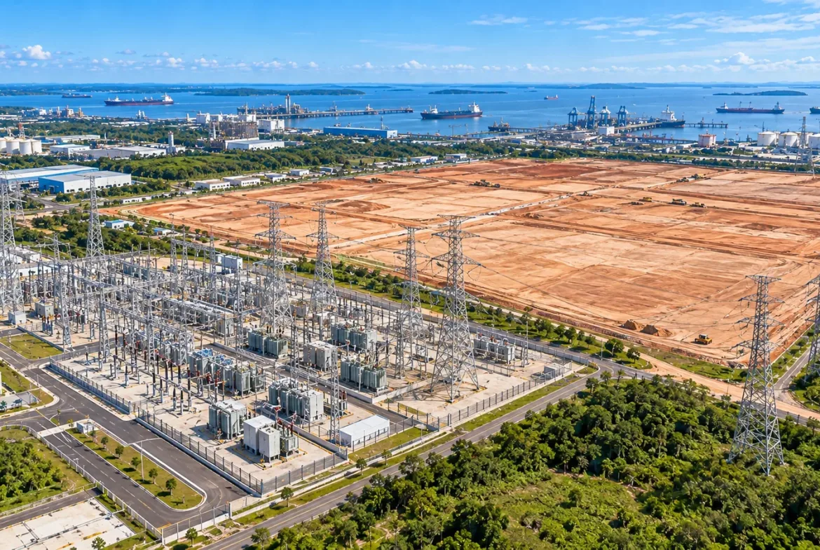 Power substation and transmission lines beside data centre land in Tanjung Langsat, Johor
