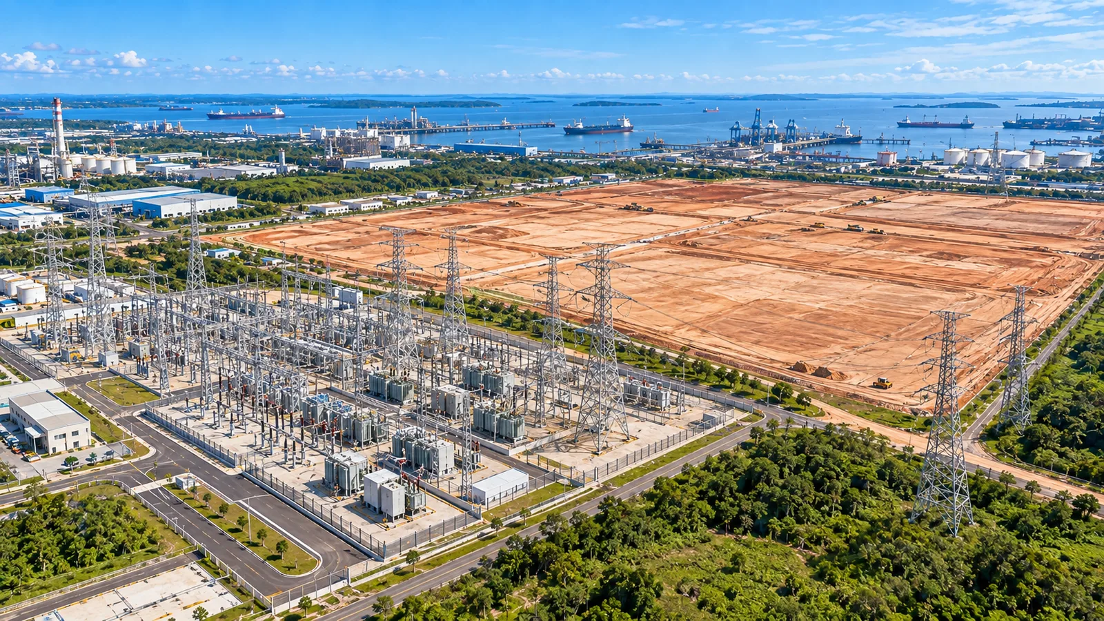 Power substation and transmission lines beside data centre land in Tanjung Langsat, Johor Power substation and transmission lines beside data centre land in Tanjung Langsat, Johor