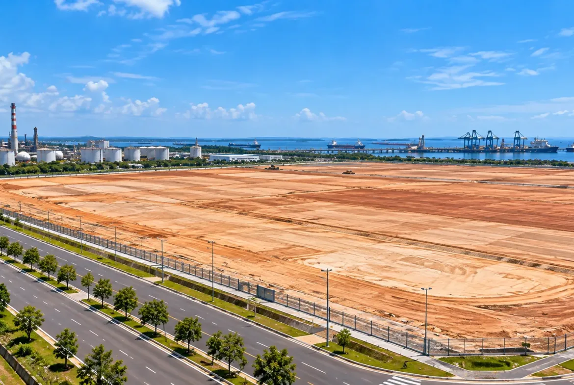 Levelled industrial land in Tanjung Langsat with the port in the background