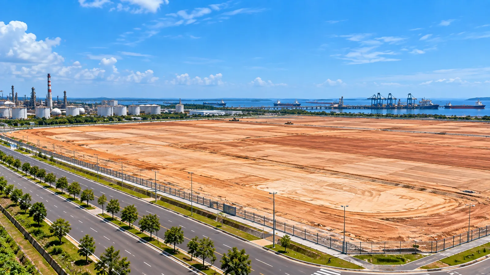 Levelled industrial land in Tanjung Langsat with the port in the background Levelled industrial land in Tanjung Langsat with the port in the background